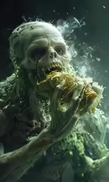 a zombie holding a sub in his hand