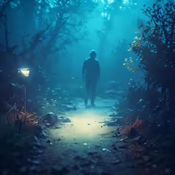 a man in the dark, alone, standing alone in the middle of a forest