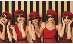 two models in red dress and hats posing
