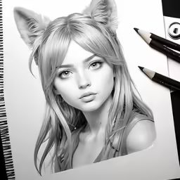 a realistic pencil drawing of a girl with cats ears