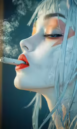 a woman is smoking a cigarette with smoke billowing out her