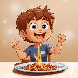 a young boy standing in front of a plate of spaghetti