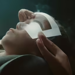 a woman wearing a paper mask next to her face