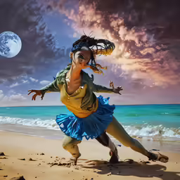 a painting of a woman dancing on the beach