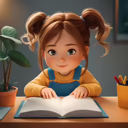 a young girl reading a book at a desk