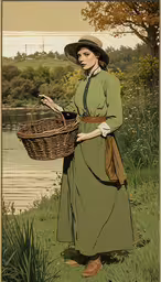 a painting of a woman with a basket near a lake,a lady is holding a basket beside a lake