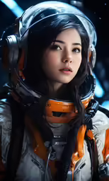 a young woman wearing an orange and white spacesuit with headphones