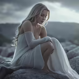 a woman is sitting on top of a rock
