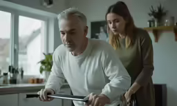 a man and a woman standing in a kitchen
