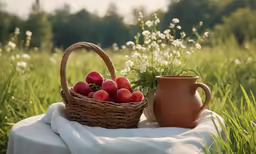 a basket of apples next to a coffee mug on a table in a grassy field