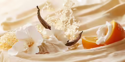 a couple of fruits with white flowers and grass on the side