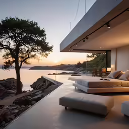 a patio covered in white furniture sitting near water