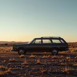a black station wagon parked in the desert