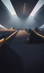 a large hall with several triangular lights and a long hallway