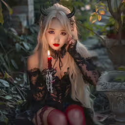 a young woman with long hair sitting down holding a candle,a white haired woman with devil horns and stockings is holding a candle