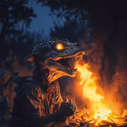 a person wearing a mask next to a fire