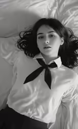 a woman wearing a shirt and bow tie laying on a bed