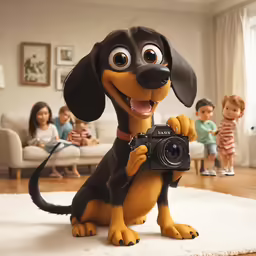 an adorable little dog holding a camera, while sitting on the ground