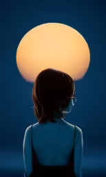 a woman standing with her head turned down and staring at the bright light above her