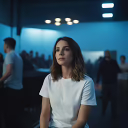 a woman sits on a bench in a darkened room