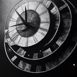 a circular clock in the center of an abstract building