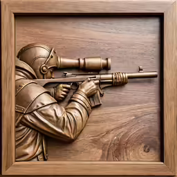 a bronze sculpture of an old man with a rifle