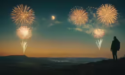 a person on a hill watching fireworks