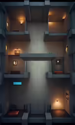 a dimly lit room with shelving on the ceiling