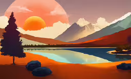 an artistic view of a mountain lake in a bright red sunset,landscape painting in sunset showing mountains and lake
