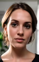 a woman wearing a black shirt is wearing earrings and has a brown eyeliner
