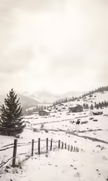 a snowy landscape with snow on the ground and houses on the hills
