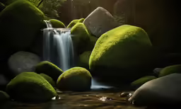 a green moss covered waterfall, surrounded by rocks and water