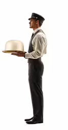 a man in uniform is holding a tray and holding a book