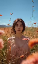 the young woman is standing in the tall grass