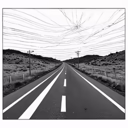 a highway with no traffic is shown in this black and white photo