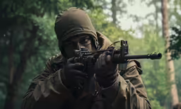 a man wearing a hood holding an arg with the scope
