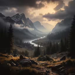 the mountains are covered with clouds, grass and rocks