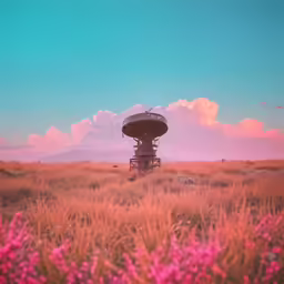 an image of an old dishevel in the field with purple flowers