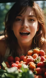 a woman smiling with her tongue out while standing next to berries