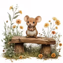 a little mouse sitting on top of a wooden bench