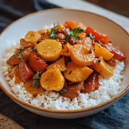 the meal is on top of rice in the bowl