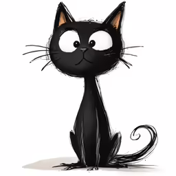 an ink drawing of a black cat with big eyes