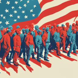 a red, white and blue image of soldiers