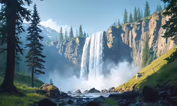 a waterfall in a field near trees and rocks