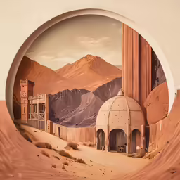 desert scenery with mountain background through circular glass plate
