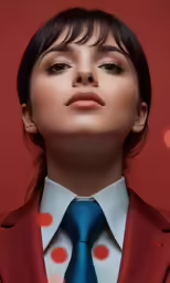a woman with long hair wearing a red suit and blue tie