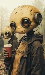 a photo of two people wearing old head gear with gas masks