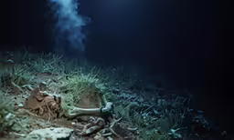 the water is dark with many green plants on the bank