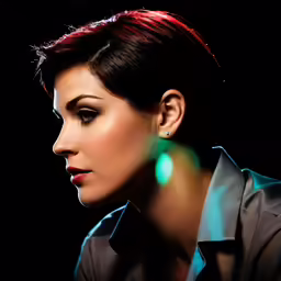 woman in shirt wearing earrings with green light shining through