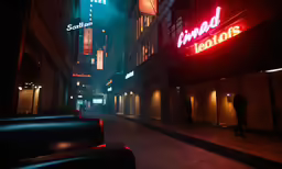 the neon signs are on the city buildings